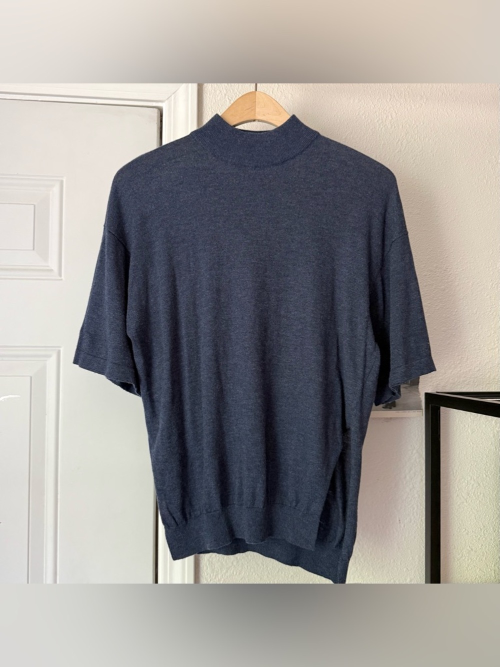 HARLAN + HOLDEN navy blue cashmere tencel mock neck boxy short sleeve sweater